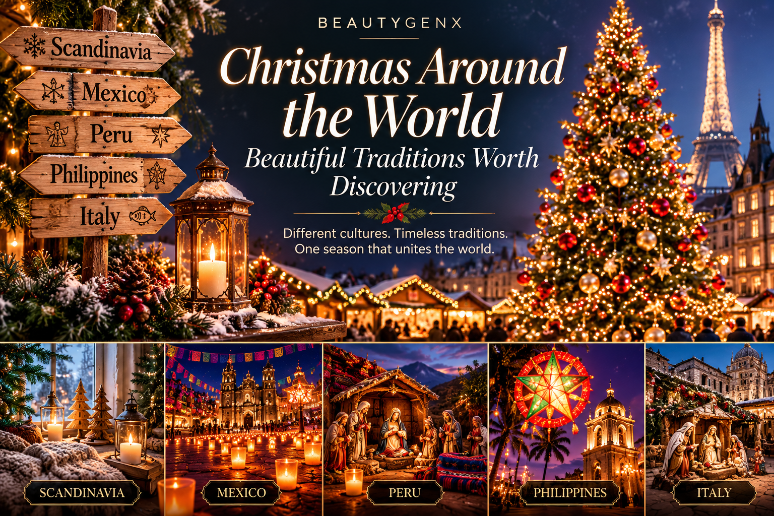 Christmas traditions from around the world featuring festive scenes inspired by Scandinavia, Mexico, Peru, the Philippines, and Italy.