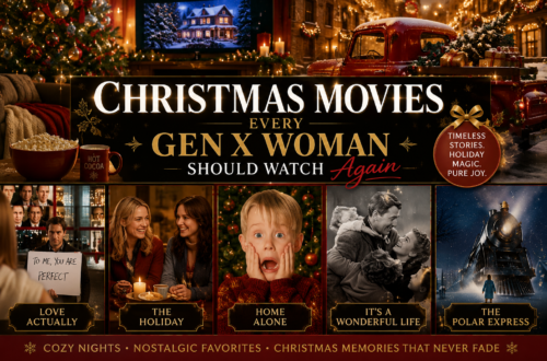 Christmas movie collage for Gen X women featuring cozy holiday scenes inspired by classic Christmas films, popcorn, hot cocoa, festive lights, and nostalgic winter settings.