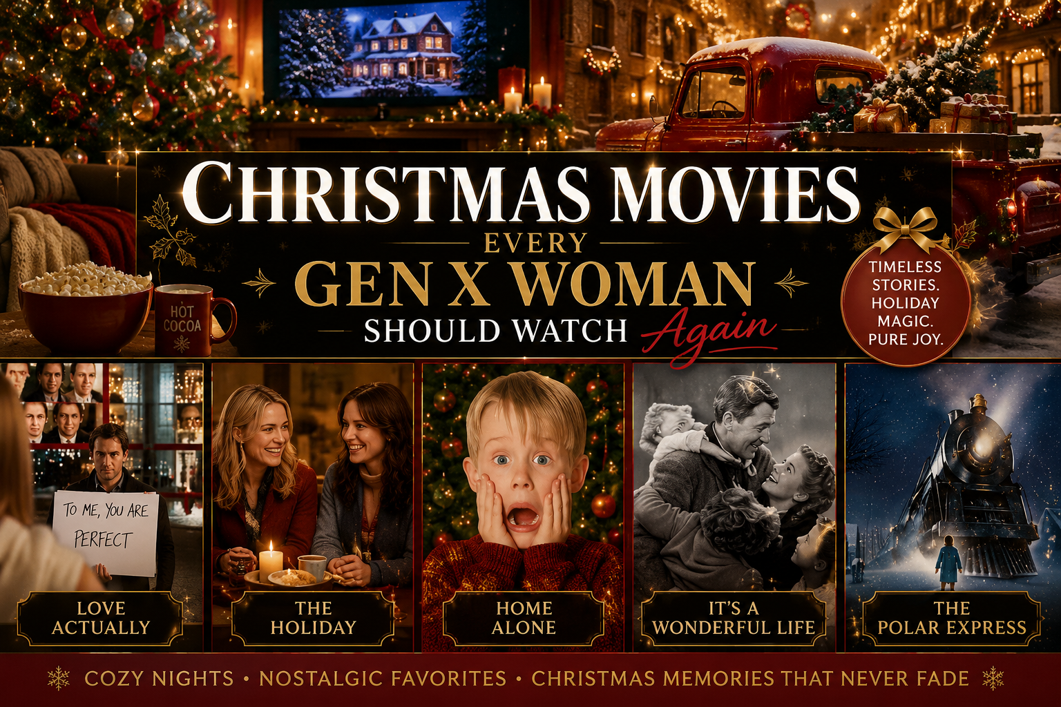 Christmas movie collage for Gen X women featuring cozy holiday scenes inspired by classic Christmas films, popcorn, hot cocoa, festive lights, and nostalgic winter settings.