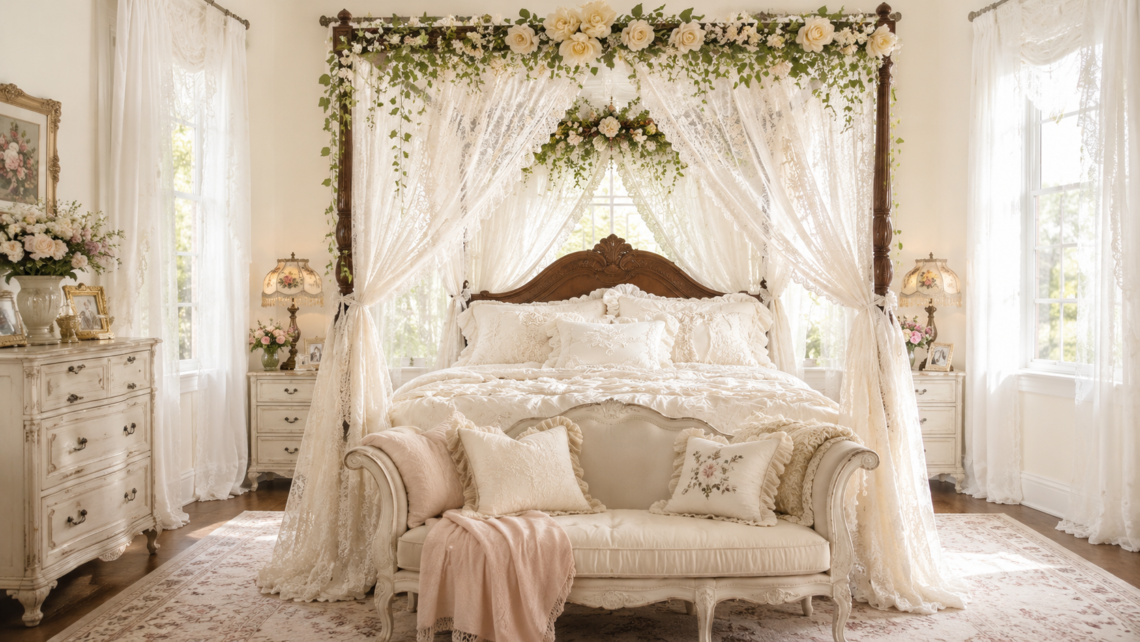 Bright romantic vintage bedroom with an ornate dark wood canopy bed, ivory lace curtains, layered cream bedding, floral garlands, antique-style lamps, and a French-inspired settee.