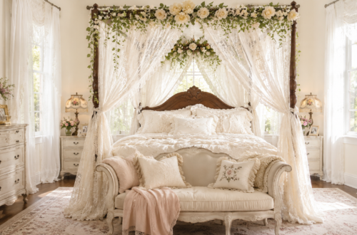 Bright romantic vintage bedroom with an ornate dark wood canopy bed, ivory lace curtains, layered cream bedding, floral garlands, antique-style lamps, and a French-inspired settee.