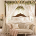 Bright romantic vintage bedroom with an ornate dark wood canopy bed, ivory lace curtains, layered cream bedding, floral garlands, antique-style lamps, and a French-inspired settee.