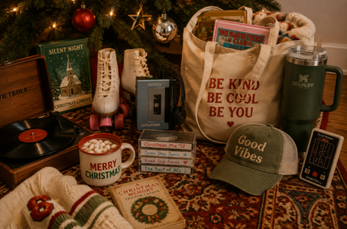 Gen X Christmas gift ideas featuring a record player, cassette tapes, roller skates, a Walkman, retro books, and nostalgic holiday gifts.