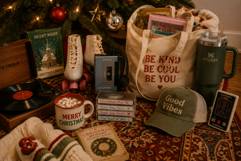 Gen X Christmas gift ideas featuring a record player, cassette tapes, roller skates, a Walkman, retro books, and nostalgic holiday gifts.