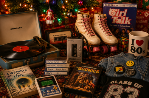 Gen X Christmas memories featuring a decorated Christmas tree, Sears Wish Book, tinsel, vintage toys, classic holiday decorations, and nostalgic traditions from the 1970s, 1980s, and early 1990s.