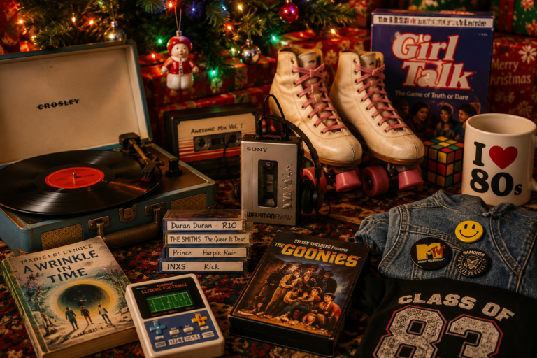 Gen X Christmas memories featuring a decorated Christmas tree, Sears Wish Book, tinsel, vintage toys, classic holiday decorations, and nostalgic traditions from the 1970s, 1980s, and early 1990s.