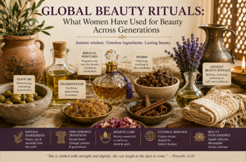 Traditional beauty ingredients and rituals from around the world featuring olive oil, herbs, floral waters, clay, oils, and handcrafted vessels representing centuries of skincare traditions.