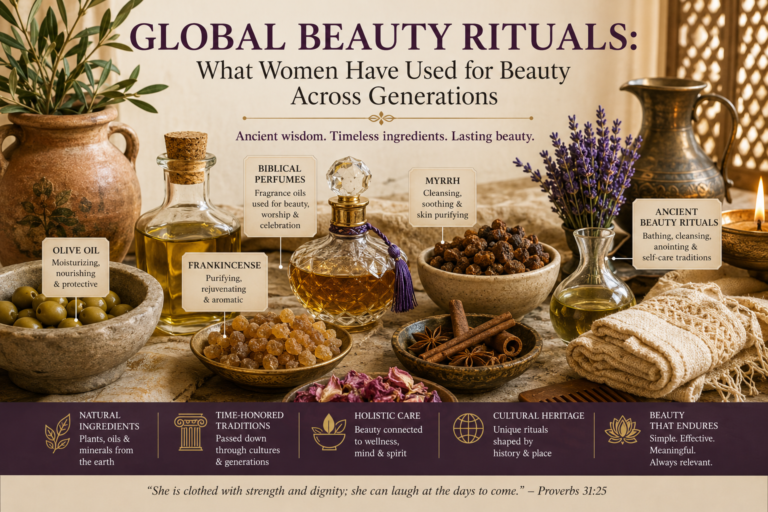 Traditional beauty ingredients and rituals from around the world featuring olive oil, herbs, floral waters, clay, oils, and handcrafted vessels representing centuries of skincare traditions.
