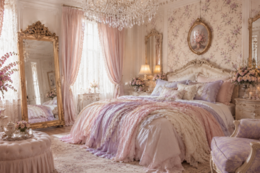 Dreamy romantic vintage bedroom with blush pink bedding, floral wallpaper, ornate gold mirror, crystal chandelier, layered pillows, draped curtains, and soft feminine decor.