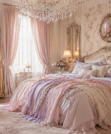 Dreamy romantic vintage bedroom with blush pink bedding, floral wallpaper, ornate gold mirror, crystal chandelier, layered pillows, draped curtains, and soft feminine decor.