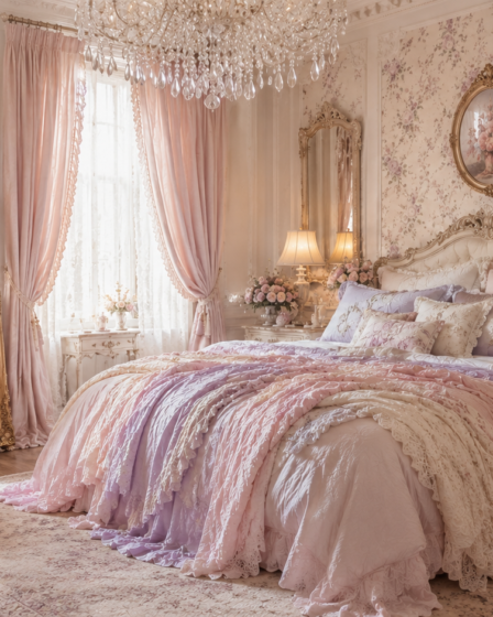 Dreamy romantic vintage bedroom with blush pink bedding, floral wallpaper, ornate gold mirror, crystal chandelier, layered pillows, draped curtains, and soft feminine decor.