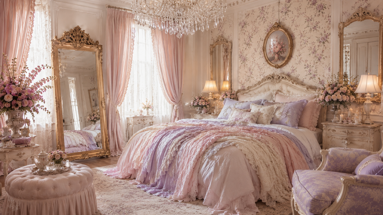Dreamy romantic vintage bedroom with blush pink bedding, floral wallpaper, ornate gold mirror, crystal chandelier, layered pillows, draped curtains, and soft feminine decor.