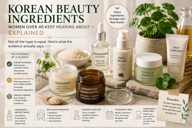 Korean skincare ingredients for women over 40 featuring niacinamide, centella asiatica, ceramides, snail mucin, fermented essence, and sunscreen.