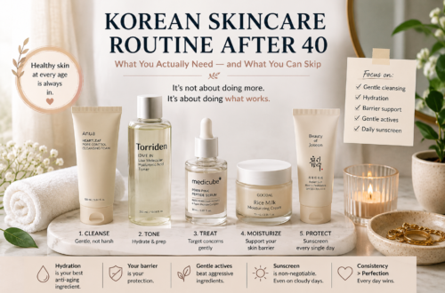 Korean skincare routine for mature skin featuring cleanser, hydrating toner, serum, moisturizer, sunscreen, and simple daily essentials.
