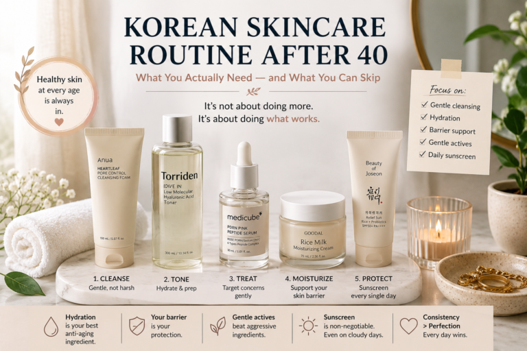 Korean skincare routine for mature skin featuring cleanser, hydrating toner, serum, moisturizer, sunscreen, and simple daily essentials.