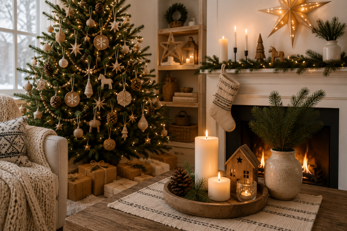 Latin American Christmas celebration featuring a nativity scene, poinsettias, candles, colorful decorations, and traditional holiday décor inspired by faith and family.