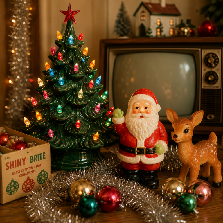 Old-fashioned Christmas display featuring a ceramic Christmas tree, blow mold Santa, vintage reindeer, Shiny Brite ornaments, silver tinsel, and a retro television.