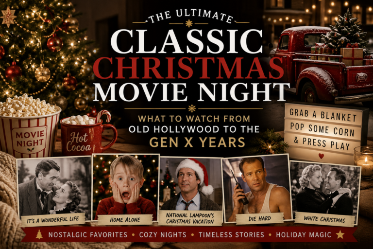 Christmas movie collage for Gen X women featuring cozy holiday scenes inspired by classic Christmas films, popcorn, hot cocoa, festive lights, and nostalgic winter settings.