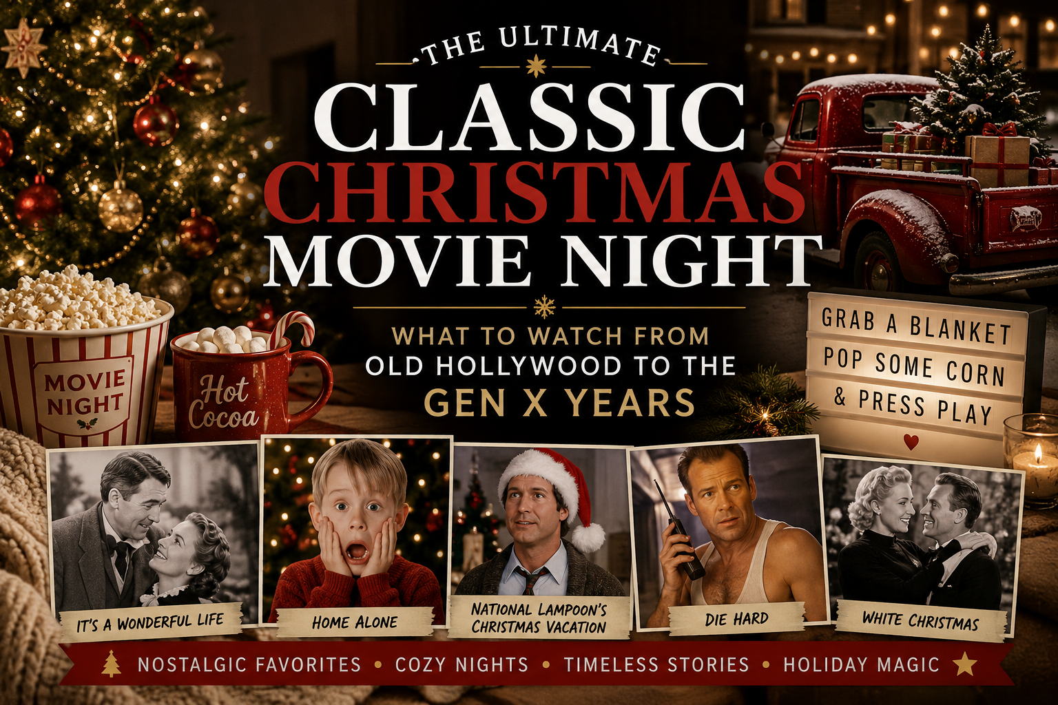 Christmas movie collage for Gen X women featuring cozy holiday scenes inspired by classic Christmas films, popcorn, hot cocoa, festive lights, and nostalgic winter settings.