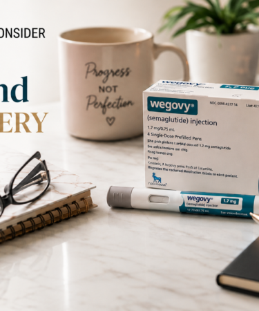 Wegovy semaglutide injection and medication box on a desk beside the headline “When Is It Time to Consider Wegovy, Zepbound or Surgery?”