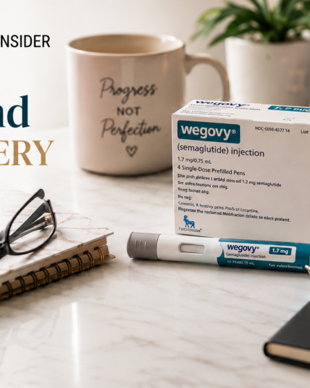 Wegovy semaglutide injection and medication box on a desk beside the headline “When Is It Time to Consider Wegovy, Zepbound or Surgery?”