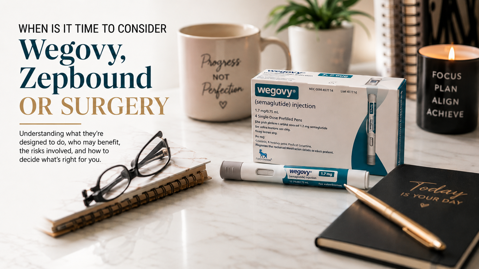 Wegovy semaglutide injection and medication box on a desk beside the headline “When Is It Time to Consider Wegovy, Zepbound or Surgery?”