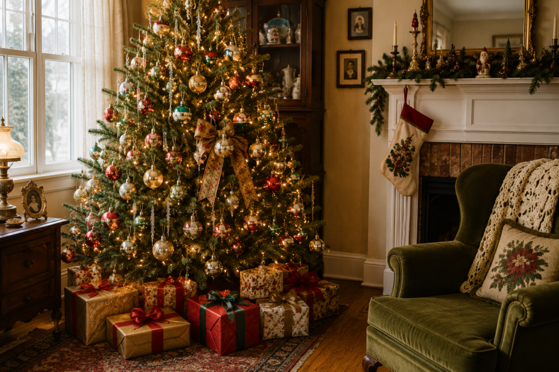 Vintage Christmas tree decorated with mercury glass ornaments, warm lights, and restrained tinsel.