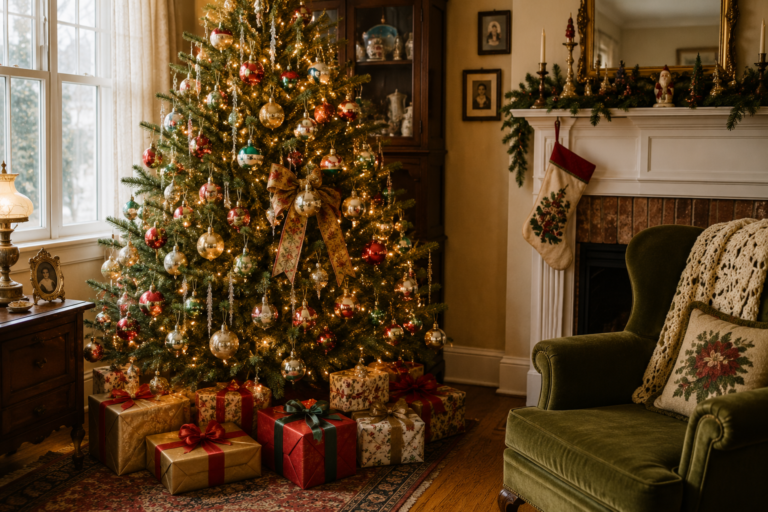 Vintage Christmas tree decorated with mercury glass ornaments, warm lights, and restrained tinsel.