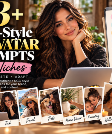 UGC-style AI avatar prompts across 15 niches, featuring an AI creator surrounded by examples for beauty, fitness, food, tech, travel, business, home decor, wellness, and more.