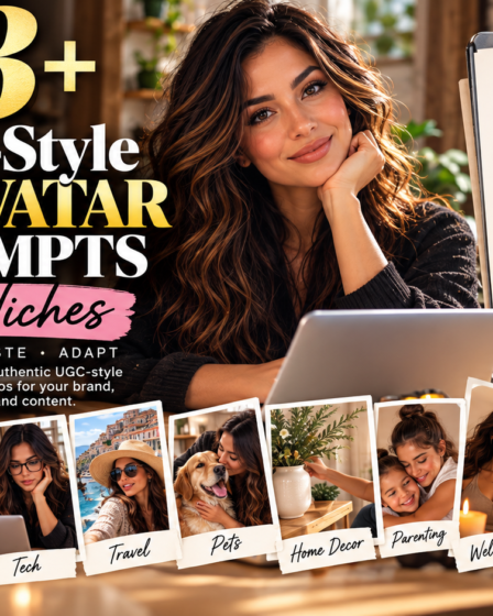 UGC-style AI avatar prompts across 15 niches, featuring an AI creator surrounded by examples for beauty, fitness, food, tech, travel, business, home decor, wellness, and more.