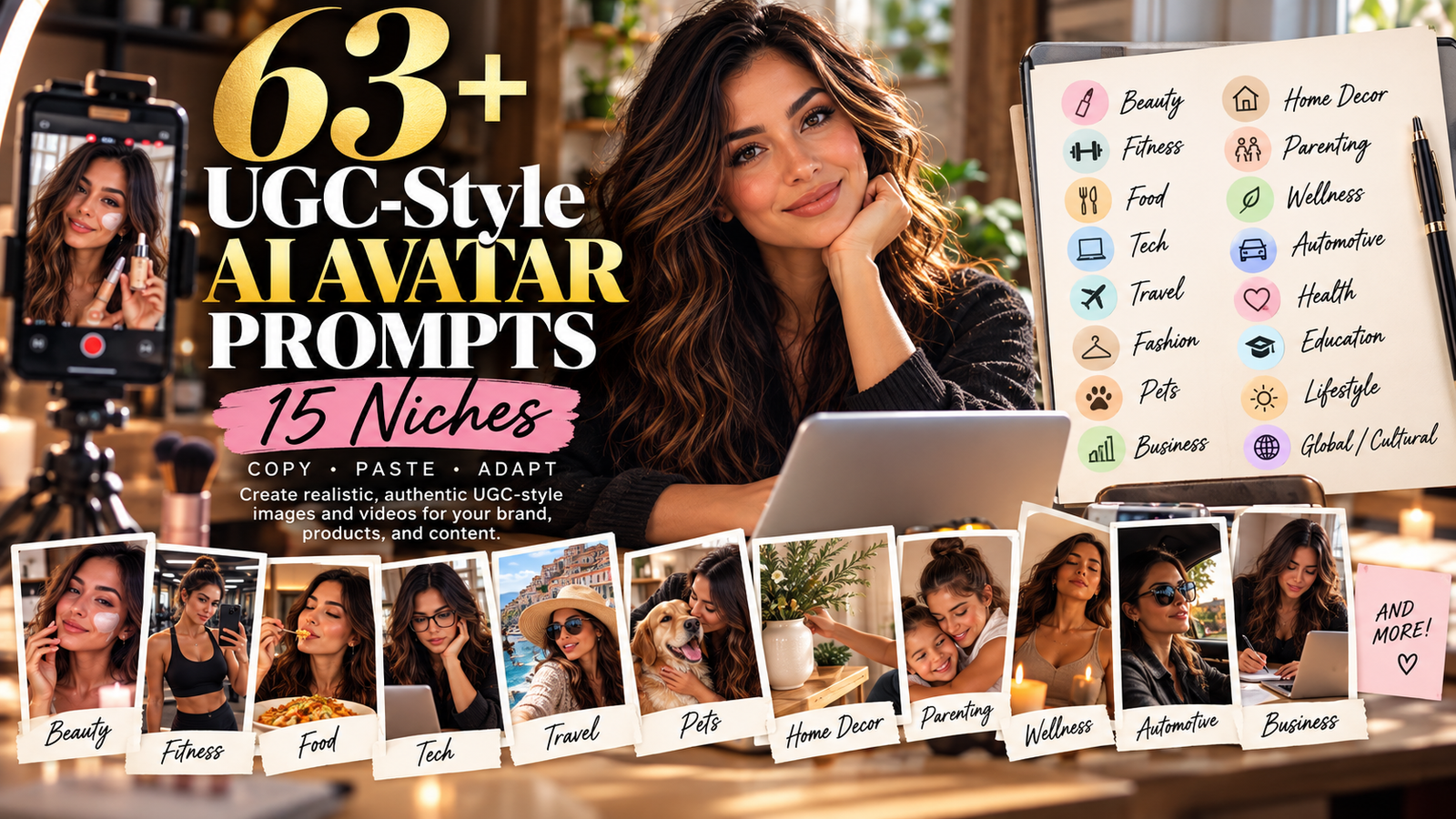 UGC-style AI avatar prompts across 15 niches, featuring an AI creator surrounded by examples for beauty, fitness, food, tech, travel, business, home decor, wellness, and more.
