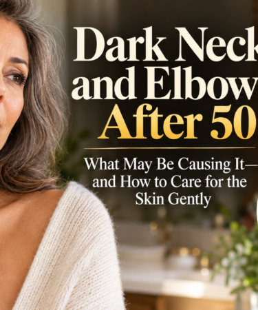 Mature woman touching her neck with editorial images of darker neck and dry elbow skin, illustrating common skin changes after 50