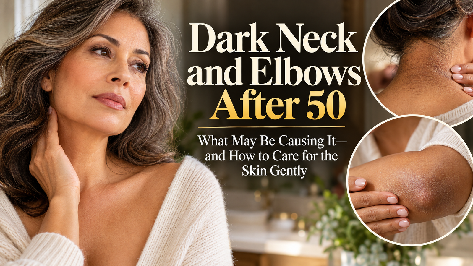 Mature woman touching her neck with editorial images of darker neck and dry elbow skin, illustrating common skin changes after 50