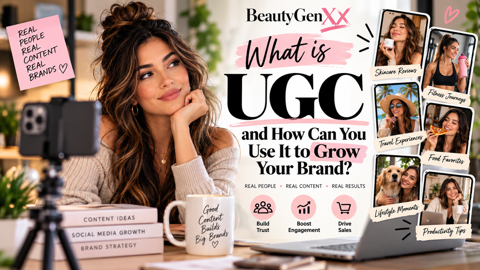 BeautyGenXX graphic explaining what UGC is and how user-generated content can help brands build trust, increase engagement, and grow sales.