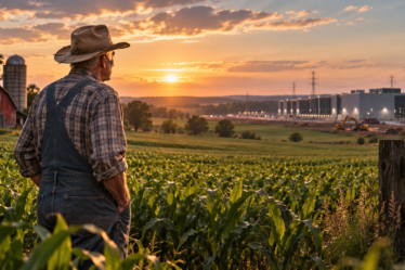An elderly farmer stands in a green field at sunset while looking across the landscape toward a large industrial data center complex, representing the conflict between farmland preservation and AI development.