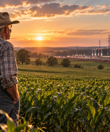 An elderly farmer stands in a green field at sunset while looking across the landscape toward a large industrial data center complex, representing the conflict between farmland preservation and AI development.