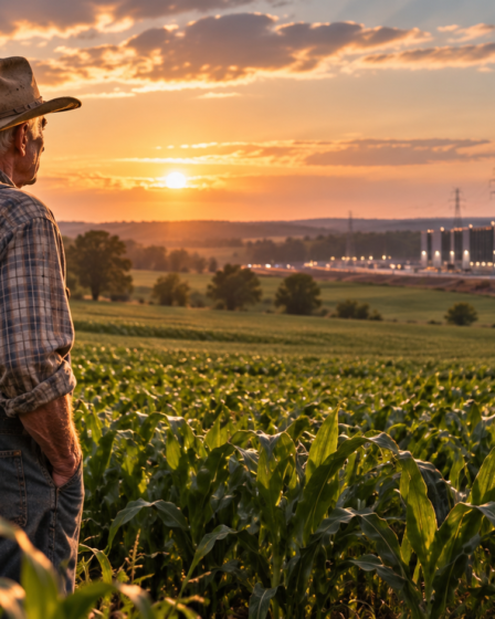 An elderly farmer stands in a green field at sunset while looking across the landscape toward a large industrial data center complex, representing the conflict between farmland preservation and AI development.