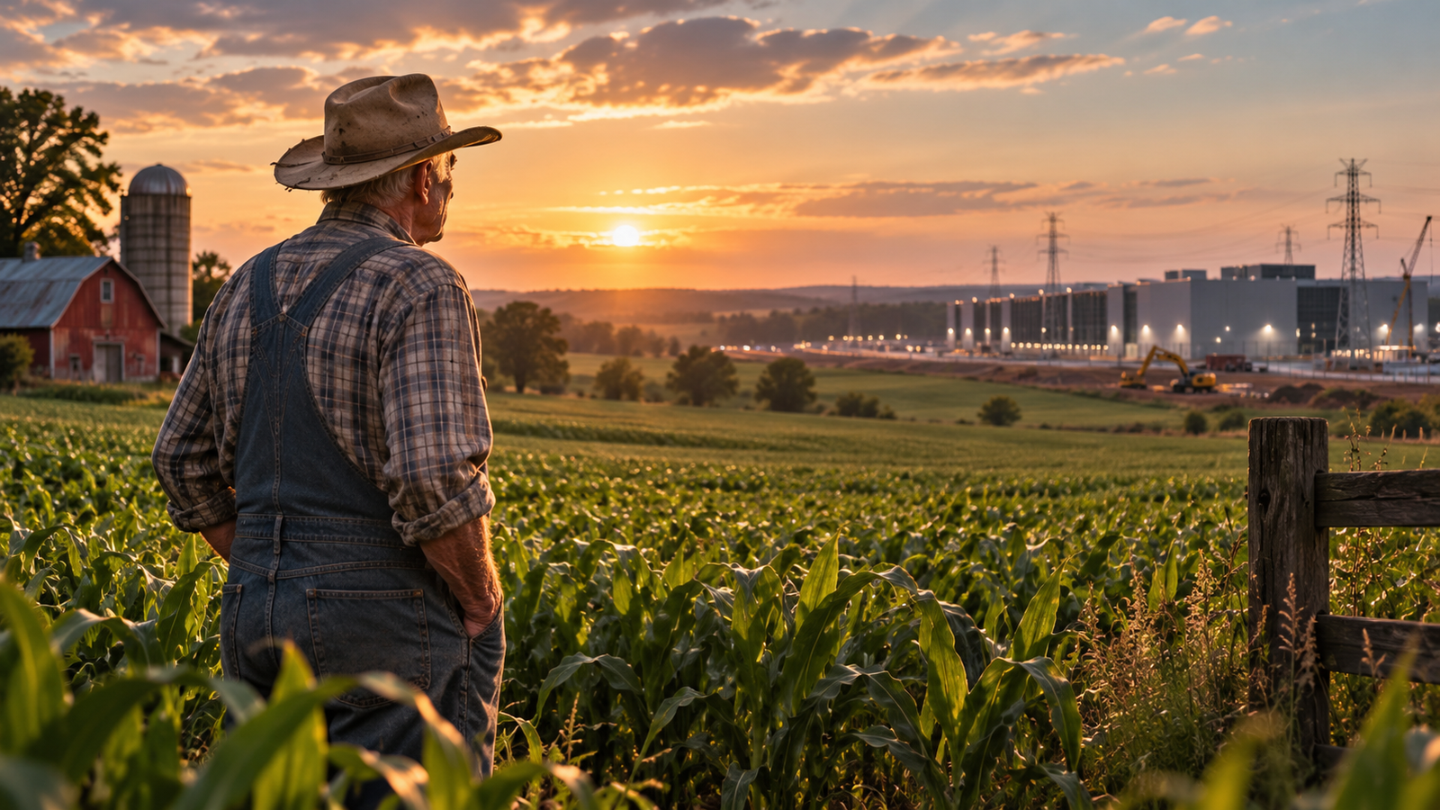 An elderly farmer stands in a green field at sunset while looking across the landscape toward a large industrial data center complex, representing the conflict between farmland preservation and AI development.